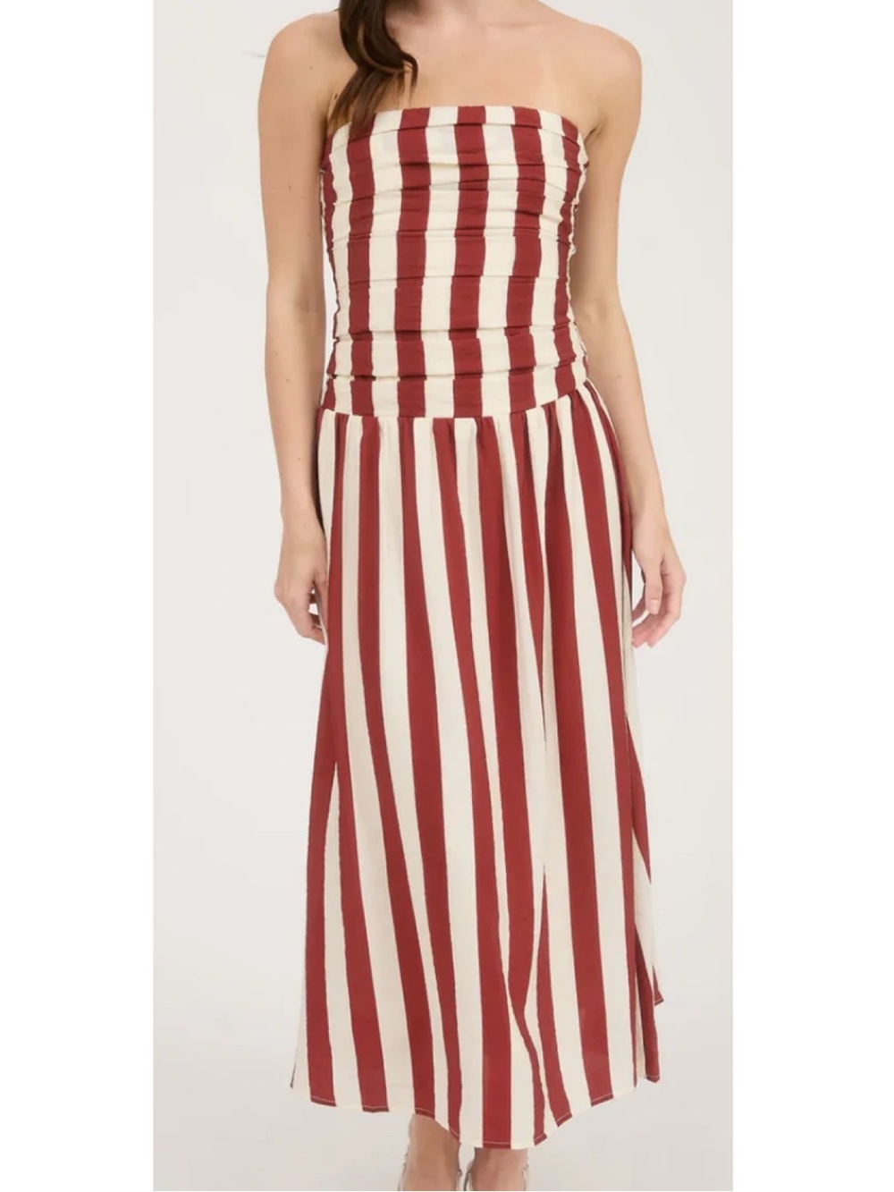 By the River white and maroon vertical striped maxi dress